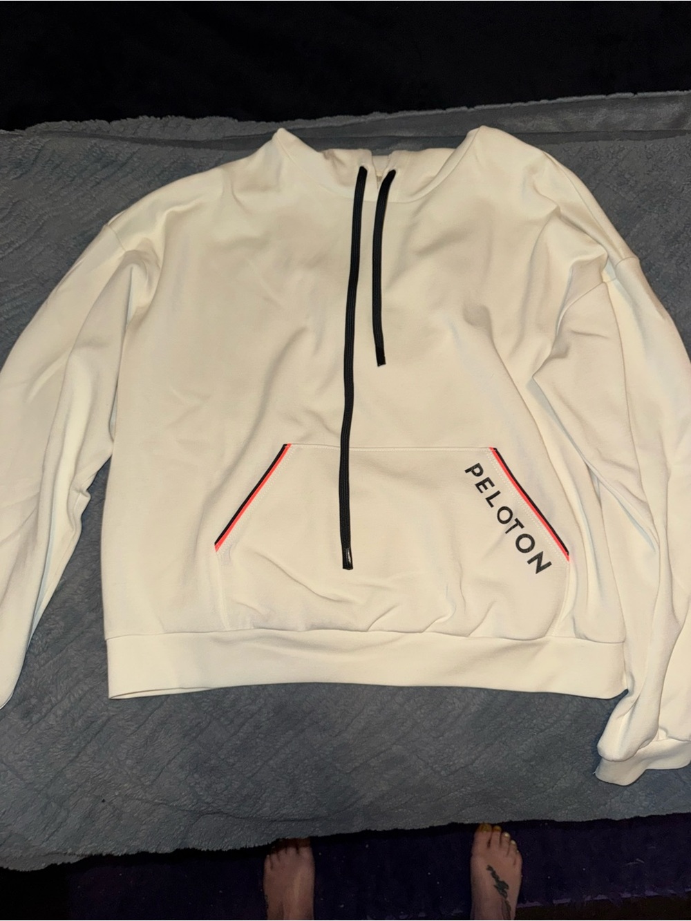Peloton Off-White Hoodie with Black Drawstrings and Pink Trim - fits like XL